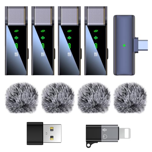 4 Wireless Lavalier Microphone for iPhone Android Phone PC, Pro Lapel Mic System with USB-C/Lightning, 48KHz 24Bit, Noise Cancelling, Reverb for Video Recording Podcast Stream Vlog
