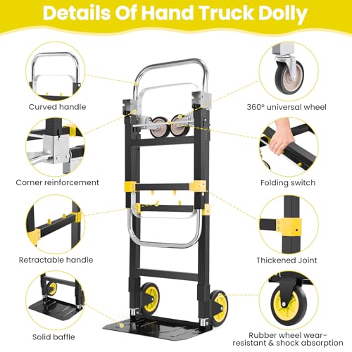 3-in-1 Folding Hand Truck, 600lb Convertible 4 to2 Wheel Dolly Cart Yellow | For home office warehouse garage farm gym, carbon steel frame, base expands 35-44in, swivel rubber wheels, folds flat - color: Yellow-1