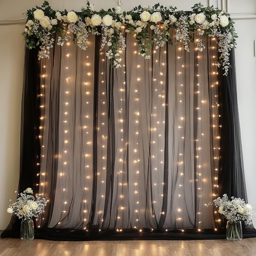Fomcet Tulle Backdrop Curtains with Lights Black 10x8ft Sheer Curtain - color: Black, size: 10FT X 8FT(2 Panels 5ft X 8ft)