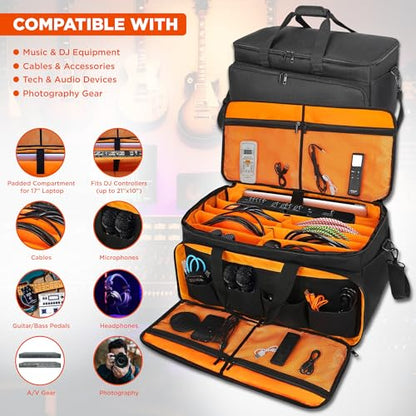 Large DJ Cable File Bag, Heavy Duty Gig Bag 17" Laptop Sleeve with Padded Dividers for Musicians, Professional Gear Cords, Microphone, Travel