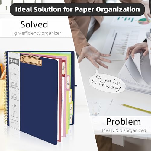 Ospelelf Bule Foldable Spiral Clipboard Folio with Storage Zipper Pouch, 5 Plastic Folders with 10 Pockets, Refillable Lined Notepad (11" x 8.5"), Linen Hardcover Project Organizer - color: Blue
