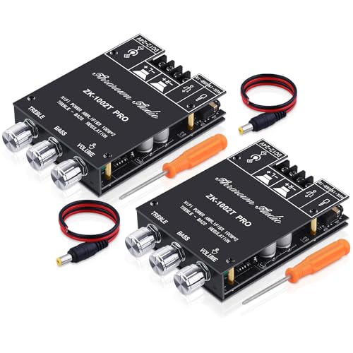 ZK-1002T PRO Bluetooth 5.0 Amplifier Board 2.0 Ch 200W HiFi Subwoofer Amp | Audio AMP with Treble and Bass, BT USB and AUX Inputs, DC 12-24V Stereo AMP Module for DIY Speakers (2 Pack) - color: Black1 2PCS ZK-1002T Pro