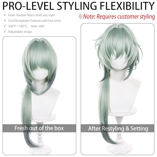 Anime Green Wig Long Straight Wig with Ponytail and Bangs Adult COS Game Cosplay Wigs Naxa Halloween,Christmas,Comic con,Game Show,Party - color: Deep Green
