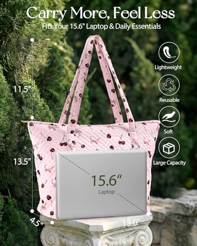 Miss Adola Quilted Shoulder Tote Bag with Zipper for Women | Multi-Pocket Storage, Quilted Cotton Texture, Large Capacity, Top Zipper Closure, 16 Inch Laptop Fit, Work Travel Teacher - color: Cherry Bow