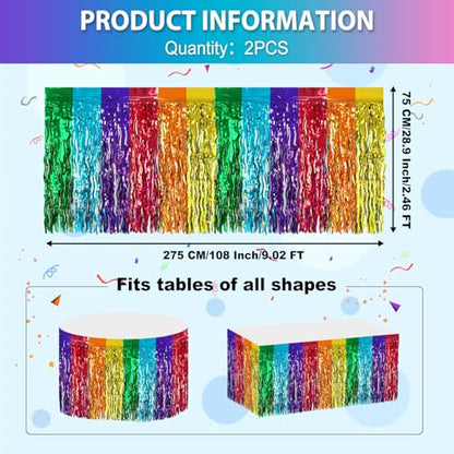 2 Pack 29.5x108 Inch Foil Tinsel Fringe Table Skirts, Disposable Table Skirts for Rectangle Tables Curtains Backdrop Parade Wedding Floats Baby Shower Party (Rainbow Colors) - color: Rainbow Colors