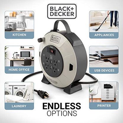 BLACK+DECKER 25 Ft. Retractable Extension Cord Reel, 4 Outlets, 2 USB Ports | 16 AWG SJT cable, multi-plug design, on/off switch, heavy-duty construction - size: 25 ft