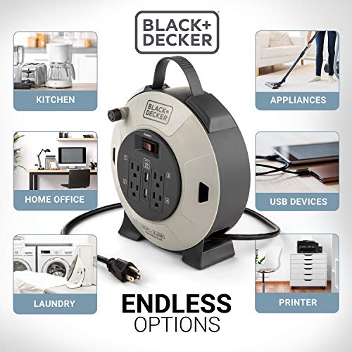 BLACK+DECKER 25 Ft. Retractable Extension Cord Reel with 4 Outlets, 2 USB Ports, Multi-Plug Extension, On/Off Switch & Heavy-Duty 16AWG SJT Cable (Pack of 2) - size: 25 ft (Pack of 2)
