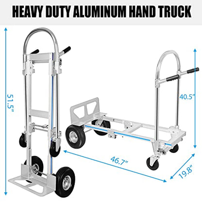 2 in 1 Aluminum Hand Truck, Industrial Convertible Hand Truck and Dolly 1000 LBS Capacity, Heavy Duty Hand Truck Flatform Cart with 10" Hi Tech Rubber Wheels