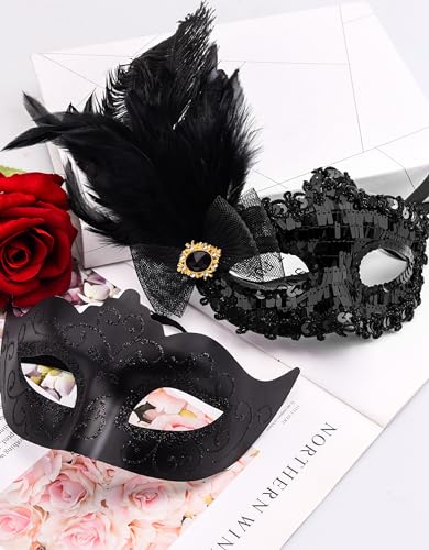 SIQUK Couple Masquerade Masks Set Venetian Party Mask Costume Mask - color: Feather Black