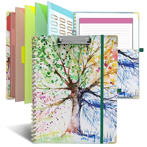 Clipboard Folio with Notepad for Letter Size (11" x 8.5"), 5 Extra Folders with Storage 10 Pockets, 39 File Folder Labels, Elastic Closure Spiral Clipboard with Storage(Tree Seasons) - color: Tree Seasons
