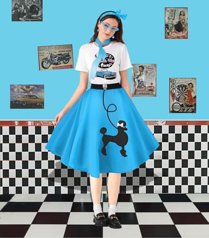 1950s Poodle Skirt Outfit Women 50s Sock Hop Costume T Shirt Accessories - color: Blue-sockhop, size: Small