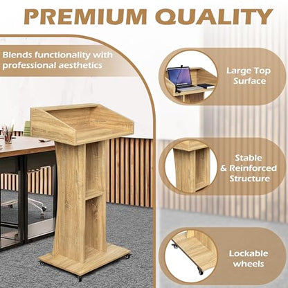 Podium Stand with Lockable Wheels,47"H Wooden Podium for Classroom, Mobile Pulpit Lectern with 3 Storage Shelves for Church, Office,Conference Room (White Oak) - color: White Oak