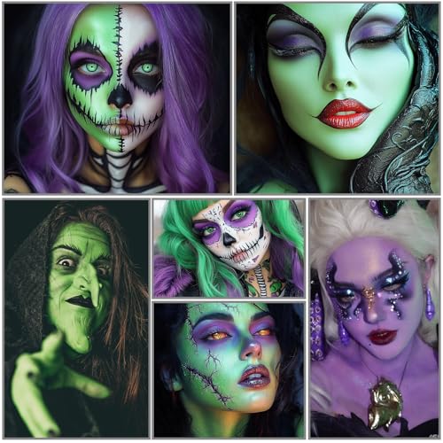 White Green Purple Face Body Paint, Face Painting Kit with Brushes for Beetlejuice & Frankenstein Halloween Makeup, Facepaints for Witch Ursula Maleficent Costume Cosplay & Monster Skeleton SFX Makeup - color: White+Light Green+Light Purple+3Pcs Brushes