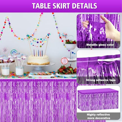 2 Pack 29.5x108 Inch Purple Foil Tinsel Fringe Table Skirts, Disposable Table Skirts for Rectangle Tables Curtains Backdrop Parade Wedding Floats Baby Shower Birthday Mardi Gras Party - color: Purple