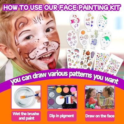 Face Painting Kits for Kids Non-Toxic and Hypoallergenic Face Paint Palette with Stencils,Book,Brushes,Tattoos,Gems Face&Body Makeup Kit for Halloween, Cosplay,Party,Theater & Stage(QCH-32C)