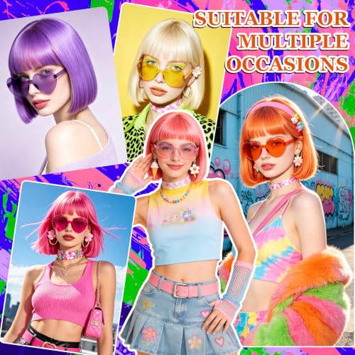 Short Bob Straight Hair Wigs with Bangs, Synthetic Fiber Colorful Hair, Heart-shaped Sunglasses for Women (Dark Brown) - color: Dark Brown