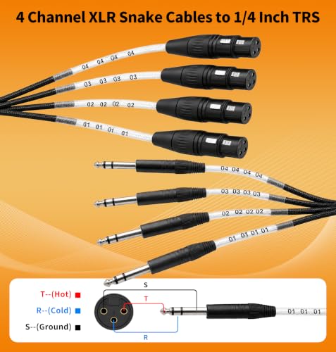 Jamesin 4 Channel 1/4" TRS to XLR Female Shielded Audio Cable | 6FT 6.35mm Jack Stereo Audio Balanced Line to XLR Female Cables with Number Label for Balanced Speaker, Microphone