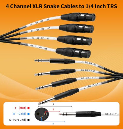 Jamesin 4 Channel 1/4" TRS to XLR Female Shielded Audio Cable | 6FT 6.35mm Jack Stereo Audio Balanced Line to XLR Female Cables with Number Label for Balanced Speaker, Microphone