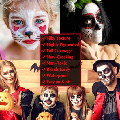 Black White Red Face & Body Paint - Blendable Facepaint Foundation with Sponge & Brush for Skin, Professional Halloween Face Make-up Kit for Zombie Clown Vampire Skeleton Skull Joker Costume - color: 06 Clown/Vampire