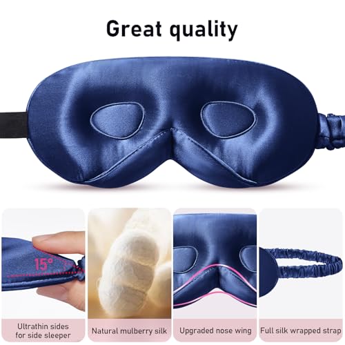 LitBear 100% 22 Momme Mulberry Silk Sleep Mask - 3D Contoured, Deep Blue | Pure Silk, Eyelash-Friendly, Soft, Breathable, Perfect Blocks Light, Tangle-Free Adjustable Strap, Travel Pouch - color: Midnight Blue