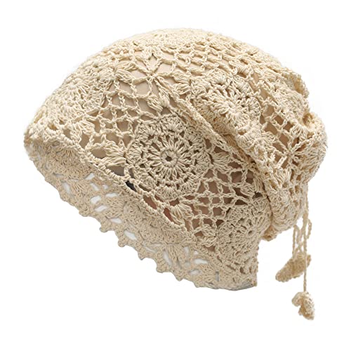 ZLYC Women Cotton Crochet Slouchy Beanie Hat Handmade Knit Summer Skull Cap | Lightweight breathable,boho casual chic look,travel photos festival party,café commute daily wear,beach concert gathering - color: Beige Ponytail