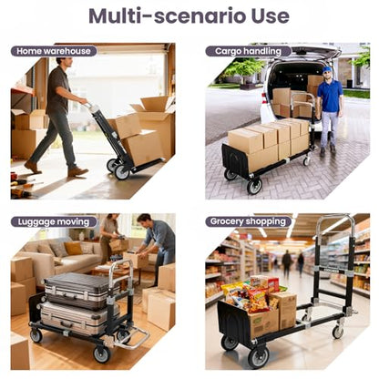 3-in-1 Folding Hand Truck, 600lb Convertible 4 to 2 Wheel Dolly Cart Black | For home office warehouse garage farm gym, carbon steel frame, base expands 35-44in, swivel rubber wheels, folds flat - color: Black