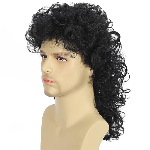 Curly Mullet Wigs for Men 80s Black Long Curly Wigs Hippie Rocking 80s Party Cosplay Costume Anime Heat Resistant Synthetic Hair Wig 70's Wig - color: E-Black