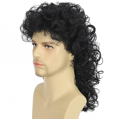 Curly Mullet Wigs for Men 80s Black Long Curly Wigs Hippie Rocking 80s Party Cosplay Costume Anime Heat Resistant Synthetic Hair Wig 70's Wig - color: E-Black
