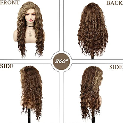 Trendy 80s Long Wavy Wigs for Women Brown Mixed Blonde Wig Ombre Color - color: Mix Brown