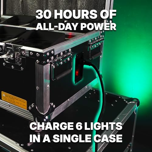 Rockville Wet PAR WC Package Black 18W RGBWA+UV Par Wash Lights, Wireless Charging Case, IP65 Water-Resistant, App-Controlled, for DJ Events and Venues (6 Lights) | 10-12 Hour Battery, IP65 Waterproof, RGBWA+UV, Wireless DMX, App Control, 6 IR Remotes, Tr