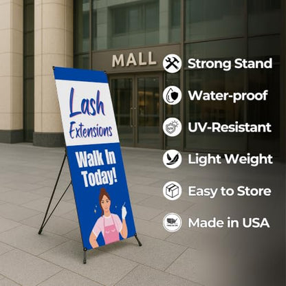 DreamController Lashes & Brows X-Stand Banner by DC | 30"x65" Tripod Display | Lash Extensions Walk In Todaay Vertical Banner for Trade Shows & Events | Made in USA | (Stand Not Included) - color: Lash Extensions Walk In Todaay, size: X Banner - 30x65"