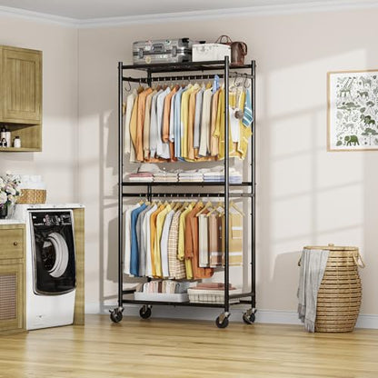 Simple Trending Clothes Rack, Clothing Rack, Portable Closet, Black | Wardrobe Closet with Mesh Shelves & Hooks, Metal Garment Rack, 360° Lockable Wheels, Multi-Functional, for Bedroom, Laundry - size: 12.1"D x 33.1"W x 78"H