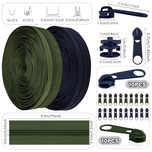 DOITEM The Yards 10 Yards Bulk Zipper - (#5) Zippers, Nylon Coil with 20PCS Sliders for DIY Sewing Bags - color: Army Green and Navy Blue