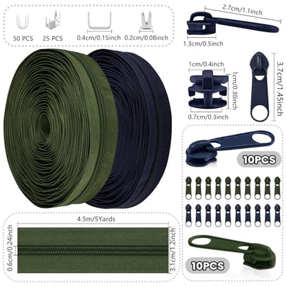 DOITEM The Yards 10 Yards Bulk Zipper - (#5) Zippers, Nylon Coil with 20PCS Sliders for DIY Sewing Bags - color: Army Green and Navy Blue