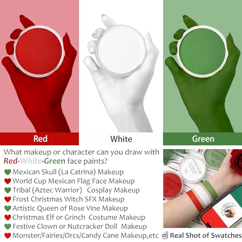 Green White Red Face Body Paint Set, Mexico Flag Face Painting Kit with Painting Brushes for Halloween, Water Based Face Paints for Xmas Elf, Grinch, Orcs, Day of the Dead Skull & Monster SFX Make-Up - color: Green+White+Red+3Pcs Brushes