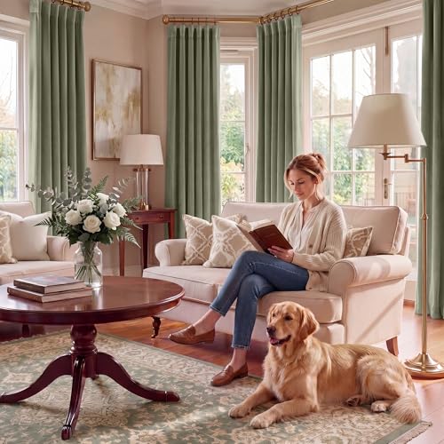 RYB HOME Sage Green Velvet Curtains 84 inches Long for Bedroom | Thermal Insulated, Room Darkening, UV Privacy Block, With Hook Belt, Back Tab, Living Dining Room, W52 x L84, 2 Panels - color: Sage Green, size: 52"W x 84"L (Pack of 2)