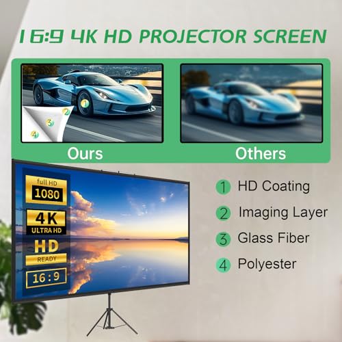 Tripod Projector Screen with Stand 16:9 4K HD Projection Screen Stand Wrinkle-Free Height Adjustable Portable Screen for Projector Indoor & Outdoor for Movie,Home Cinema,Gaming,Office (110in)