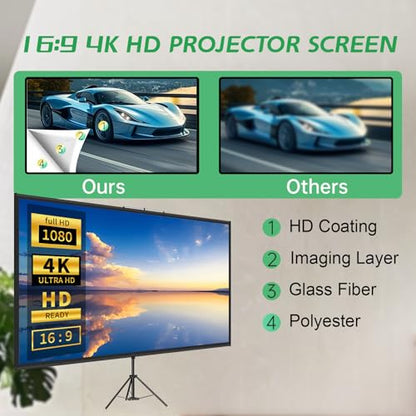 Tripod Projector Screen with Stand 16:9 4K HD Projection Screen Stand Wrinkle-Free Height Adjustable Portable Screen for Projector Indoor & Outdoor for Movie,Home Cinema,Gaming,Office (110in)