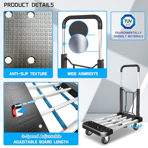 WarmyouHaul Pro Folding Hand Truck, 441LBS Capacity, Adjustable Platform (24-30") & Handle (28-35") 4" Rubber Wheels with 360° Swivel & Parking Brake, for Moving, Apartment, Warehouse, Commercial Use - color: Black