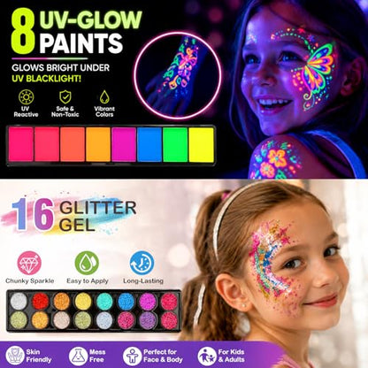 42 Colors Face Painting Kit for Kids -Water Activated Face paint palette | Face Painting Kit with 18 Matte, 16 Glitter and 8 UV-reactive Colors, Brushes, Stencils and Gems for Halloween and Cosplay