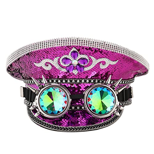 GRACEART Women's Burning Man Sequin Hat Mucis Festival Military Captain Hats Steampunk Caps with Goggles - style: Style-06(with Goggle)