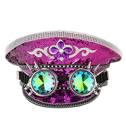 GRACEART Women's Burning Man Sequin Hat Mucis Festival Military Captain Hats Steampunk Caps with Goggles - style: Style-06(with Goggle)