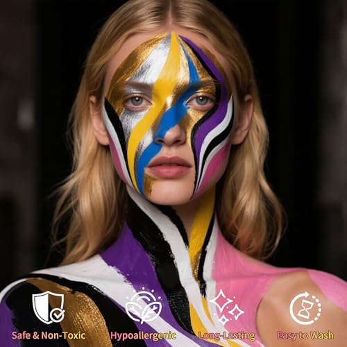 Drawdart Face Body Paint Kit, 15 Colors Palette with 10 Artist Brushes, Facepaint Makeup Kit for Soccer Tournaments & Game Day Fans, Halloween SFX Cosplay Costume Parties - color: 15 Colors Kit（10 Brushes）