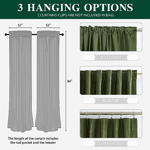 MUMFAS Velvet Curtains Olive Green 84 Inches Long 2 Panels Burg, Thermal Insulated Light Blocking Room Darkening Curtains/Drapes for Bedroom Living Room Back Tab Rod Pocket W52 x L84 - color: Olive Green, size: 52"W x 84"L (Pack of 2)