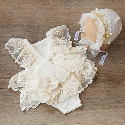 Zeroest Baby Girls Photography Lace Outfits & Props | Newborn Girl Photo Shoot Set with Romper, Headbands, Infant Photoshoot Prop - color: Floral White