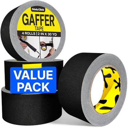 4-Pack Black Gaffers Tape - 2 inch x 30 Yards - Pro Water-Resistant Black Gaff Tape for Cables, Matte, Non-Reflective, Easy Tear by Hand, No Residue, Stage Marking, Photography, Audio, Video Setup