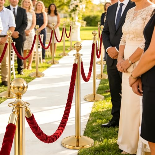 4 Pcs Modular Crowd Control Stanchion, Set with 5 Pcs 5 ft Red Velvet Ropes, Stainless Steel Crowd Control Barriers, Heavy-Duty Fillable Base, Splicing Style Stanchion Rope Divider (4 / Golden） - color: Golden