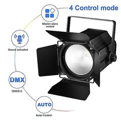 COB Stage Lights with Barn Doors, COB Par Light 200W LED RGBWAUV DMX512 Master-Slave Sound DJ Lighting Spotlight Fresnel for Church Concert Wedding