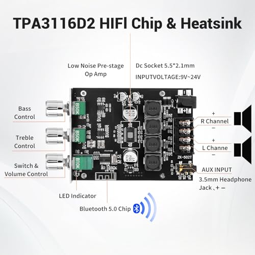 Daakro ZK-502T Bluetooth Amplifier Board,50W+50W 2.0 Channel Amp Board with Treble and Bass Control,DC 12-24V, Bluetooth and AUX Inputs, Audio Amp Board for Home DIY Wireless Speakers, Password Free - color: ZK-502T