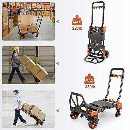 Folding Hand Truck Dolly, 330lb Convertible 4 to 2 Wheel Moving Cart,Orange | Dolly Cart with Retractable, Aluminum Alloy & Cast Iron Build, Nylon Wheels,Compact Fold,for Moving,Office,Delivery,Outdoor - size: 330LB Orange